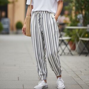 Ci Sono Navy White Striped Pull-On Pants Elastic Waist Lightweight Casual